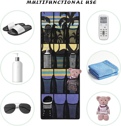Palm Tree Over The Door Organizer 4 Shelf Hanging Storage Organizer with 12 Clear Mesh Shoe Organizer Door Hanger Closet Hanging Rack for Shoes for for Apartments Dorms