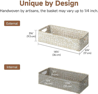 StorageWorks Wicker Toilet Paper Basket for Back of Toilet Baskets, Seagrass Bathroom Basket Organizer and Storage for Tank Topper, Small Tank Trays for Decor with Built-in Handles, Wipe White
