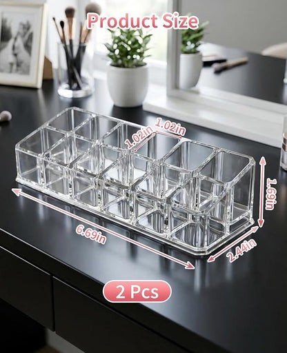 2 Pack 12 Slot Clear Acrylic Lipstick Organizer, Lip Stick Gloss Holder for Drawer