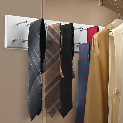 Wood Pull Out Belt Rack for Closet, 21 Tie Hanger Extending Sliding Tie Rack Hanger, Side Mount Sliding Rail Organizer Storage Rack Holder with 21 Hooks for Ties Scarves Belts Shawls, White