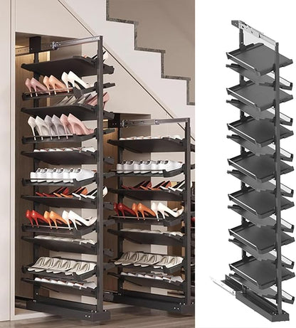 Pull-Out Shoe Rack Organizer for Closet Shoe Cabinet,Adjustable Height Retractable Metal Stackable Shoe Rack, Vertical Shelf Organizer for Small Bedroom Closet, Space Saving Storage, Black(53cm,14 Tie