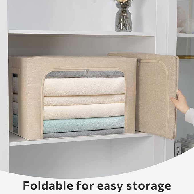 FHSQX Extra Large Clothes Storage Bins Foldable Metal Frame Storage Box Stackable Linen Fabric Box Organizer Set with Carrying Handles and Clear Window (Beige, 23.6x 16.5x 15.7 Inch)