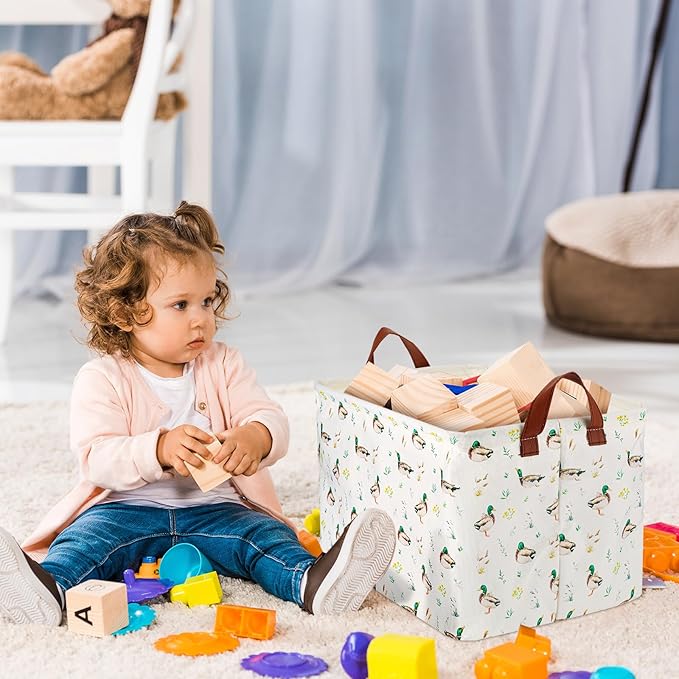 Mallard Duck Storage Basket Collapsible Waterproof Canvas Toy Storage Bin Basket with Leather Handles Farmhouse Wild Green Head Ducks Hunting Nursery Decor for Kids Bedroom Clothes Toys Books