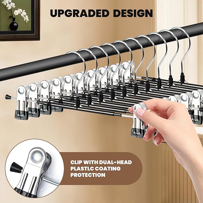 HUADYMEET 50 Pack 14Inch Pants Hangers with Clips,Metal Trouser Hanger for Jeans.Space Saving Skirt Hangers Heavy Duty Non-Slip Adjustable Clothes Shorts Hanger for Women,Men,Black
