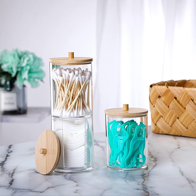 3 Pcs Qtip Holder and Cotton Round Pad Dispenser with Bamboo Lid, Small Clear Acrylic Containers for Cotton Swab/ball, Apothecary Jars Set for Bathroom/Restroom/Vanity/Makeup Storage Organizer