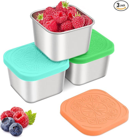 Qukaka Stainless Steel Snack Containers for Kids,7.2oz Easy Open Leak Proof Reusable Snack Box Container with Lids,Small Lunch Containers for Meal Prep,School,Picnic and Travel-3Pack