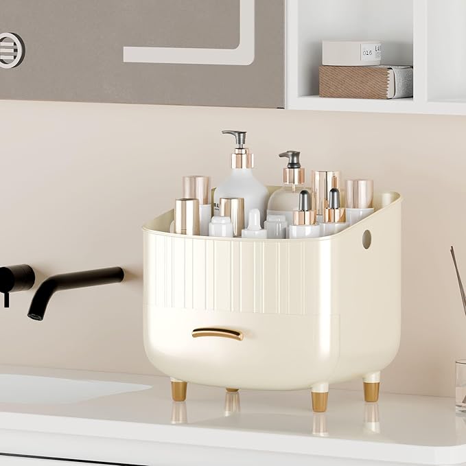 Makeup Organizer Countertop Vanity with Drawers Cosmetic Skincare Bathroom Storage Gift for Women Teens Girls (White)