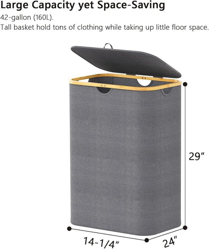 SpaceAid Double Laundry Hamper 2 Section with Lid and Removable Laundry Bags, 160L Clothes Basket with Bamboo Handles, Large Collapsible Hamper for Bedroom, Bathroom, Dorm, Laundry Room - Grey