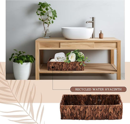 2 Pcs Toilet Paper Basket for Back of Toilet Wicker Water Hyacinth Basket Topper and Vanity Tray Set with Built-in Handles for Paper Hand Towel, Bathroom, Home, Spa(Dark Brown)