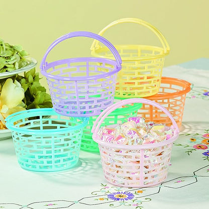 Fun Express Easter Baskets Bulk Set of 12 - Small Colorful Plastic Round Baskets for Easter Egg Hunts, Party Favors & Classroom Activities | Mini Pastel Buckets for Kids - Basket Size