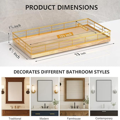 Toilet Paper Basket Organizer – Oak Wood Toilet Tank Tray with Metal Frame, Bathroom Counter Top Storage for Toilet Paper, Wipes & Decor, Modern Narrow Back of Tank Shelf Organizer, Gold & Nature Oak