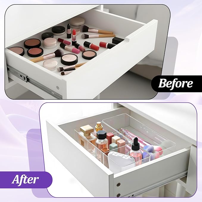 Acrylic Organizer, 2PK Cube Sections Makeup Organizer for Drawer, Makeup Organizer for Vanity, Countertop, Bathroom, Kitchen and Cabinet Storage(1+3 Compartment)