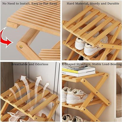 Foldable Shoe Rack, Bamboo Vertical Shoe Organizer Tall for Small Spaces. Multifunctional Narrow Shoe Shelf for Entryway, Closet, Corner, Bedroom, Hallway, Wood Color 7 Layers