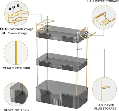 Akinbas 3 Tier Bathroom Organizer Countertop Makeup Perfume Tray Skincare Organizer Comes with Hair Dryer Rack and Toothbrush Holder for Bathroom Dresser Vanity (Grey)