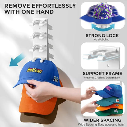 Hat Organizer for Baseball Caps Wall, 2 Pack Hat Holder for Closet Door Hold up to 16 Hats,Hat Hook with Adhesive and 8 Screws, Hat Hanger Cap Holder Hat Hangers for Wall Closet Door Bedroom(A-White)