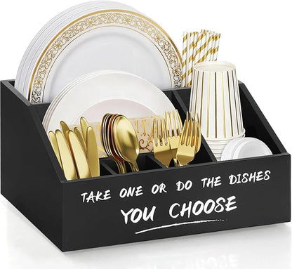 Paper Plate Dispenser, Wood Paper Plate Holders for Kitchen Counter, Rustic Silverware Utensil Organizer for Party, Utensil Caddy for Cups Spoons Forks Plates Napkins, Accessories for Camping Buffet