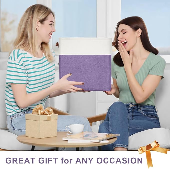 Bagnizer 13x13 Cube Storage Bins, Collapsible Fabric Storage Box, 4 Pack Closet Baskets with Handles for Organizing, Shelf, Toys, Clothes, Home, Office, Nursery (Purple&White)