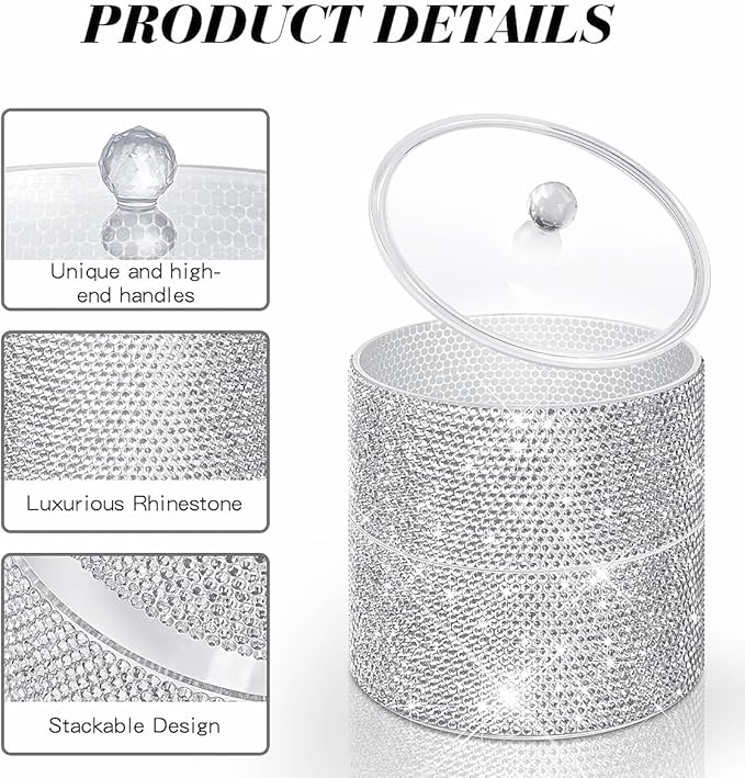 Bling Round Dispenser Stackable Apothecary Jar with Clear Lid ,Qtip Hold Bathroom Containers Cotton Ball & Swab Canister Vanity Organizer for Q-tip Cotton Round, Floss, Makeup Pads (2-Tier)