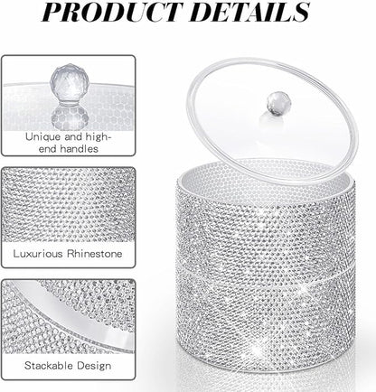 Bling Round Dispenser Stackable Apothecary Jar with Clear Lid ,Qtip Hold Bathroom Containers Cotton Ball & Swab Canister Vanity Organizer for Q-tip Cotton Round, Floss, Makeup Pads (2-Tier)
