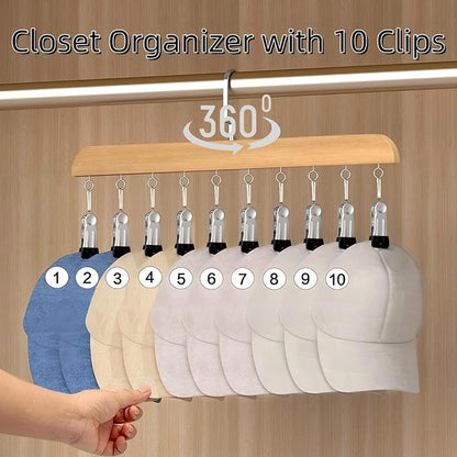 Closet Organizer with 10 Clips, Space Saving Hanging Closet Organizer, Space-Saving Hat Scarf Clothespins for Jeans Skirts Socks Pant Hangers (Brown-10 Clips, 1PC)