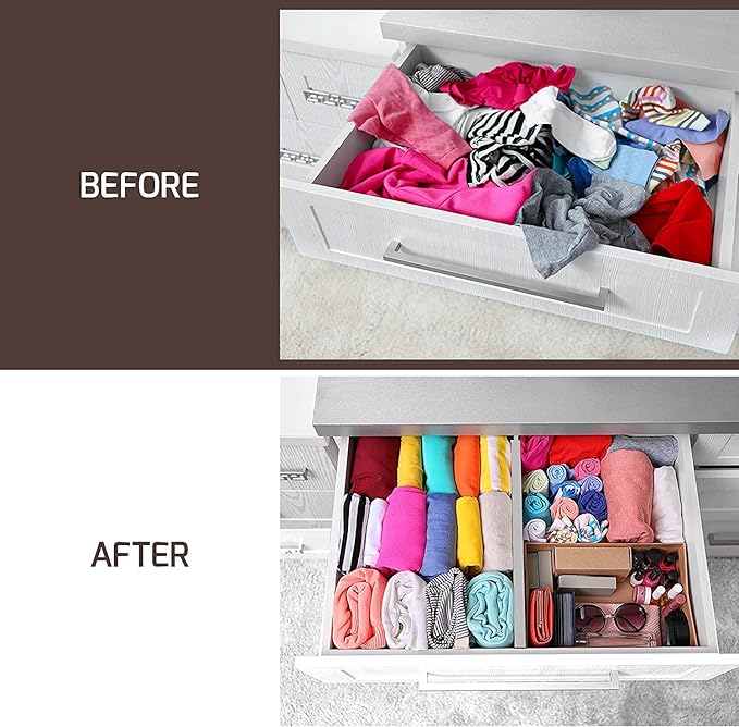 6-Pack Drawer Dividers - 2.6 Inches High, Adjustable 16 to 22 Inches Bamboo Drawer Organizer, Large Expandable Separator for Clothes, Dresser, Bedroom, Bathroom, Baby, Office, Kitchen Utensils, Gray