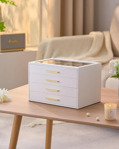 pickpiff Jewelry Box Organizer Case for Women: 4-Layer Jewelry Storage Case with Glass Window, Pure White Leather with Velvet Holder for Ring Necklace Bracelet Brooch Watch, Great Gift for Her