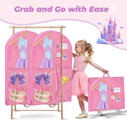 Hanging Dance Garment Bag, 40 Inch Waterproof Costumes Bag for Travel, Pink Clothes Bag with 5 Pockets for Dance, Sports, Skating, Beauty Pageants, Theatre (With Cartoon Girl Print)