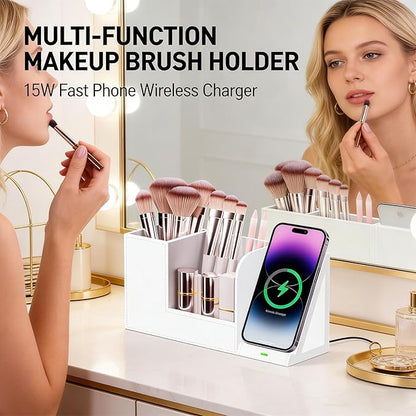 LADSTAG Makeup Brush Holder Organizer with Phone Charging Stand Leather Cosmetic Cup for Perfume, Nail Polish, Lipstick & Art Supplies | Vanity, Bathroom & Desktop Organizer