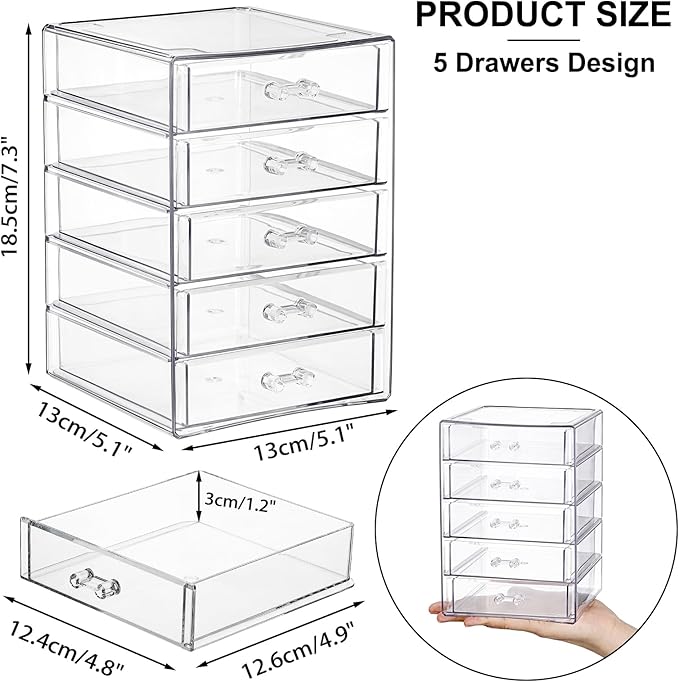 ELLDOO Rollerball Perfume Organizer with 5 Drawer, Clear Acrylic Perfume Storage Holder Beauty Scent Holder, Makeup Lipgloss Lipstick Display Case Office Supplies Box