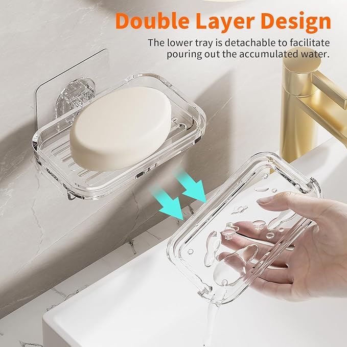 Bar Soap Dish 2 Pack,Self Draining Soap Holder for Shower,Wall Mounted Soap Saver with Strong Adhesive, No Drilling Clear Plastic Holder for Bathroom Storage & Kitchen Sink Organizer,Keeps Soap Dry