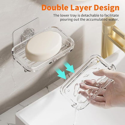 Bar Soap Dish 2 Pack,Self Draining Soap Holder for Shower,Wall Mounted Soap Saver with Strong Adhesive, No Drilling Clear Plastic Holder for Bathroom Storage & Kitchen Sink Organizer,Keeps Soap Dry