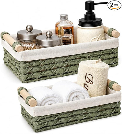 Green Wicker Bathroom Baskets Set of 2 with Linen Liner & Wooden Handles – Sage Green Paper Rope Storage Baskets for Shelves, Bathroom Counter & Spa Décor
