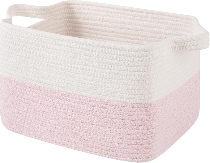 OIAHOMY Woven Storage Basket for Shelves, Rectangle Cotton Rope Baskets for Organizing, 13 x 10 x 9 in, Storage Bins for Dog Toys,Towel,Books,Gift,Pink and White