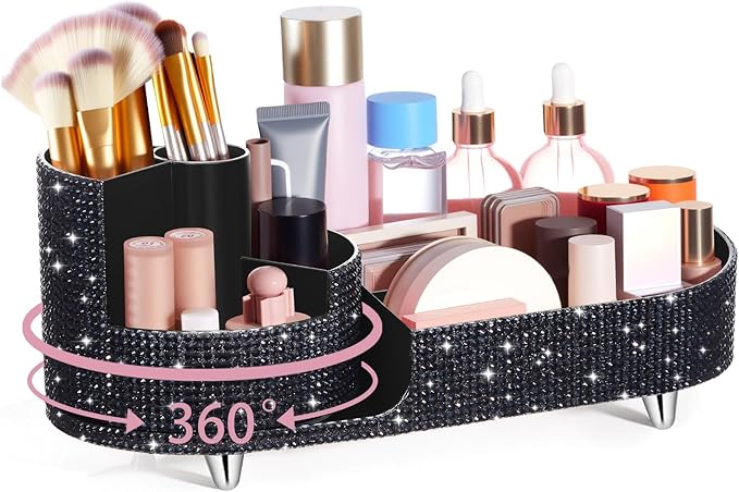 Teen Girls Mother's Day 360 Rotating Bling Makeup Organizer Gift Rhinestone Diamond Bathroom Organizer Girly Skin Care Brush Holder for Countertop, Bathroom Essentials(Black,Rhinestone)