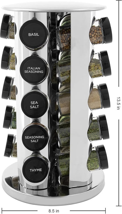 Kamenstein Revolving Countertop Spice Rack with Spices Included, FREE Spice Refills for 5 Years, Polished Stainless Steel with Black Caps, 30020, 20 Jar (Pack of 3)