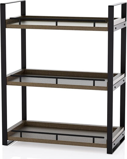 Bathroom Counter Organizer, 3 Tier Wood Countertop Shelf for Vanity, Skincare, Makeup, Kitchen Coffee and Sink Storage, with Durable Metal Bracket (Dark Brown)