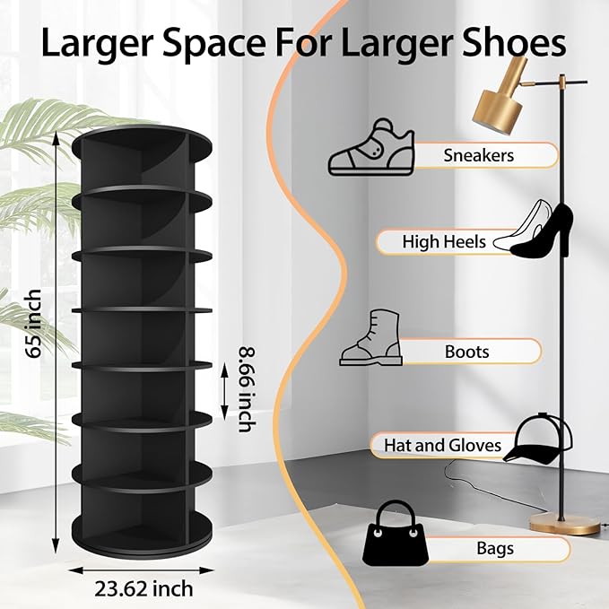 Rotating Shoe Rack, 7-Tier Spinning Shoe Rack, Free Standing Rotating Shoe Rack Tower 360°, Easy to Assemble, Space-Saving Revolving Shoe Organizer for Entryway - Black