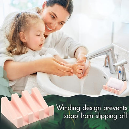 Cunhill 2 Pieces Silicone Soap Dish Self Draining Soap Dish Shower Waterfall Bar Soap Holder Tray with Drain Soap Saver for Kitchen Bathroom Accessories (Light Pink)