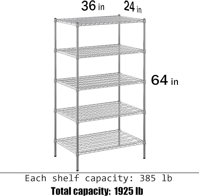 24" Deep x 36" Wide x 64" Height Wire Shelving Kit | 5-Tier | NSF Commercial Storage Rack Unit
