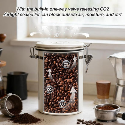Kirecoo Stainless Steel Coffee Canister - 22OZ Airtight Coffee Bean Storage Grounds Container Holder with Date Tracker & Measuring Scoop, Kitchen Food Canister Jar for Cereal, Sugar, Tea, Flour, Gifts