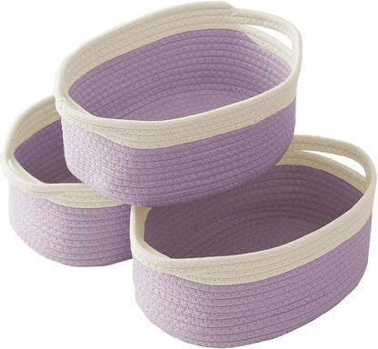 JMvicyroam Woven Basket,Small Rope Storage Bin with Handles & Ribbon Bag, Organizer for Shelves Closets,Gift Basket Empty for Birthday,Books,Dog Toys, White&Purple/3 Pack