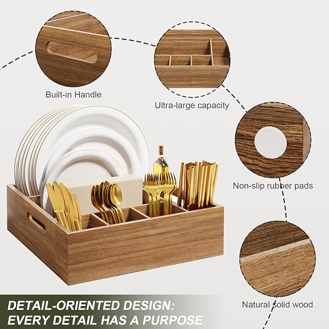 Acacia Wood Utensil Holder for Party, Paper Plate and Utensil Holder Caddy for Countertop, Kitchen Silverware Organizer Dispenser for Spoon, Napkin, Cup, Cutlery Holders for Outdoor, Camping, Picnic