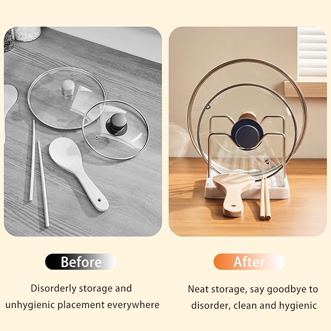 Pot Lid Holder and Spoon Rest, 2-in-1 Kitchen Counter Organizer with Stainless Steel Lid Holder While Cooking and Plastic Utensil Rest, Space Saving Pot Cover Rack for Stovetop and Countertop (White)