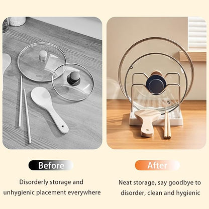 Pot Lid Holder and Spoon Rest, 2-in-1 Kitchen Counter Organizer with Stainless Steel Lid Holder While Cooking and Plastic Utensil Rest, Space Saving Pot Cover Rack for Stovetop and Countertop (White)