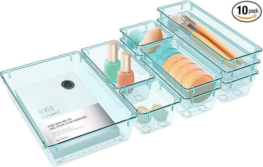 StorMiracle 10 PCS Drawer Organizer Set, 4 Varied Size Bathroom and kitchen Drawer cabinet organizer Trays, Clear Storage Bins for Makeup, Jewelry, Utensils and Gadgets