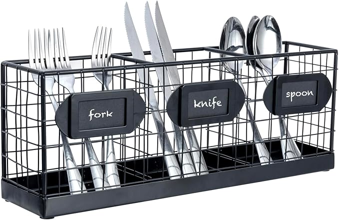 MyGift Wall Mountable Black Metal Utensil Holder Organizer, 15.7" Countertop Kitchen Silverware Flatware Caddy Holder Storage Basket with 3 Compartments and Chalkboard Labels