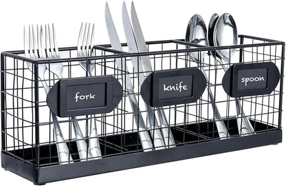 MyGift Wall Mountable Black Metal Utensil Holder Organizer, 15.7" Countertop Kitchen Silverware Flatware Caddy Holder Storage Basket with 3 Compartments and Chalkboard Labels