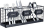 MyGift Wall Mountable Black Metal Utensil Holder Organizer, 15.7" Countertop Kitchen Silverware Flatware Caddy Holder Storage Basket with 3 Compartments and Chalkboard Labels