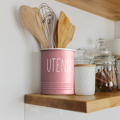 Bivvclaz Kitchen Utensil Holder - 6.7" Utensil Holder for Kitchen Counter - Cooking Utensil Crock with Cork Bottom - Pink Decor and Accessories - Utensil Storage Caddy Organizer