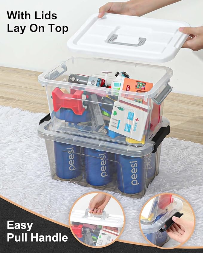 AREYZIN Plastic Storage Bins With Lids,6 Pack Storage Organizer Bins,7 Quart Stackable Storage Basket with Lid and Gray Handle Buckle Easy for Home Office Organization,with Clear Lids